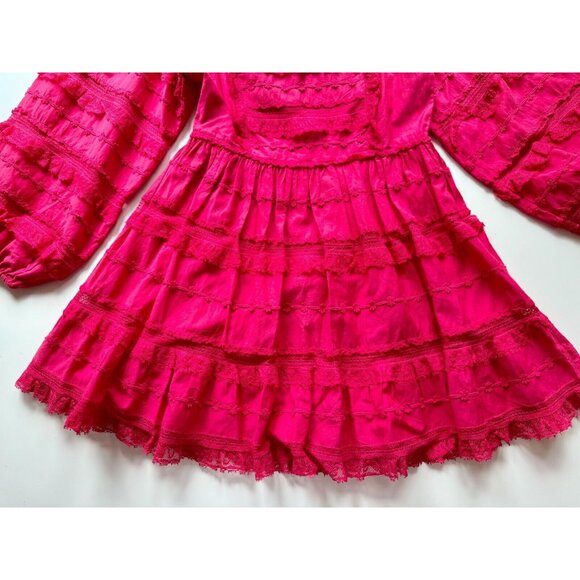 ULLA JOHNSON Amour Fuchsia Pink Cotton Lace Ruffle Balloon Sleeve Dress, Size 6 - Picture 11 of 16